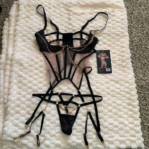 Roma Black & Gold Strappy Mesh Bustier Lingerie Set, Size Small, NWT